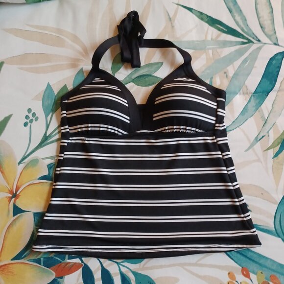 EUC La Blanca Black/White Striped "Dapper Derby" Halter Tankini Size 12 (36-38C) - Picture 3 of 8